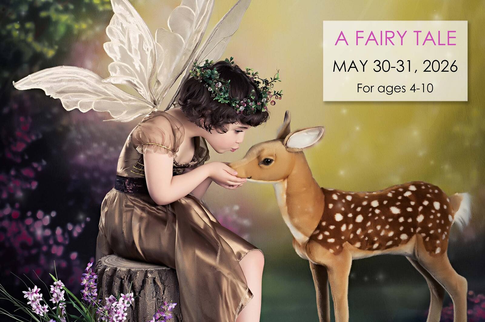 Young girl dressed as a fairy with wings and beaded crown gently feeding a fawn in a magical forest setting